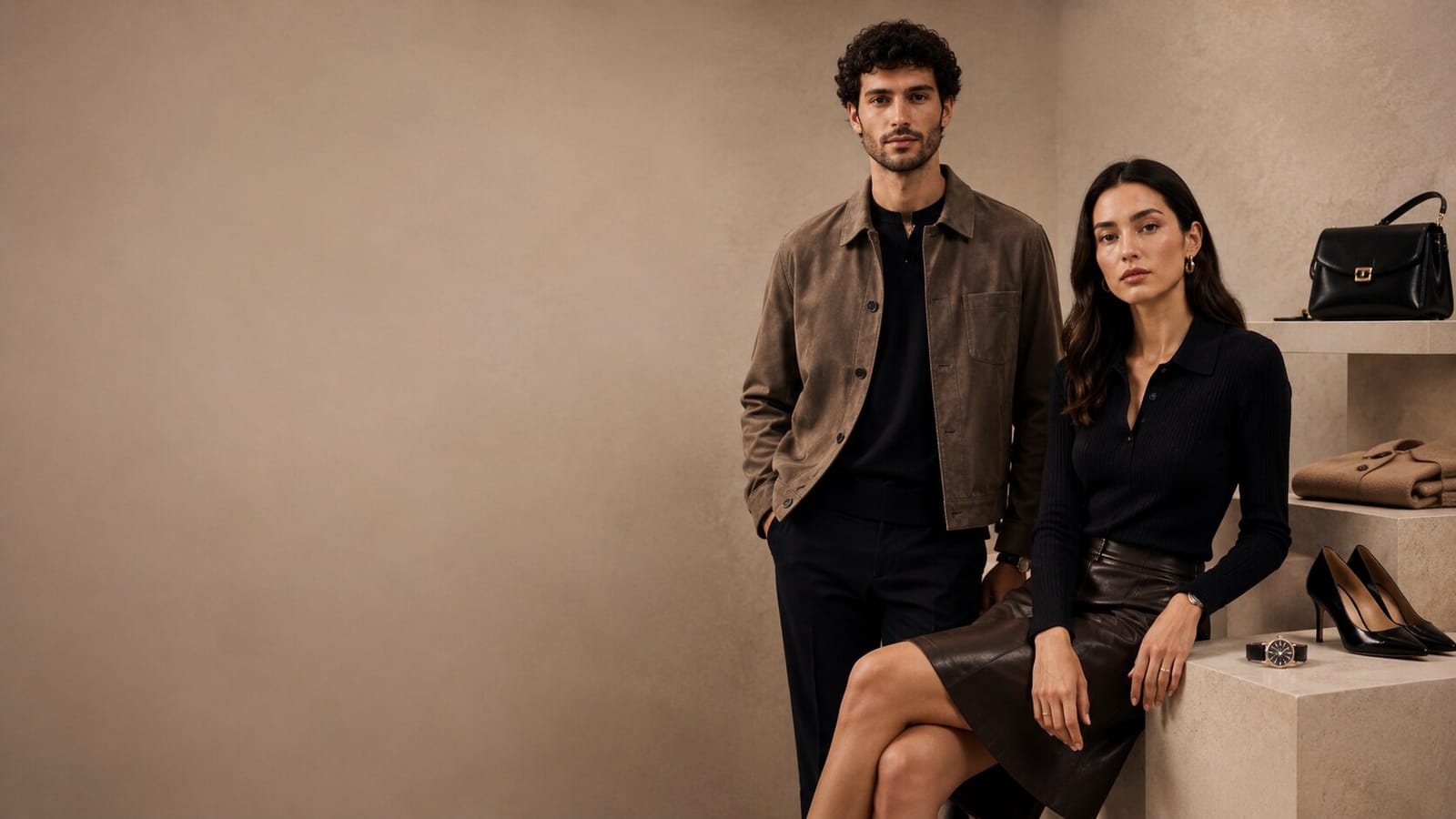 Un hombre y una mujer con looks de temporada en un showroom de moda, junto a un bolso negro, zapatos de tacón y prendas dobladas