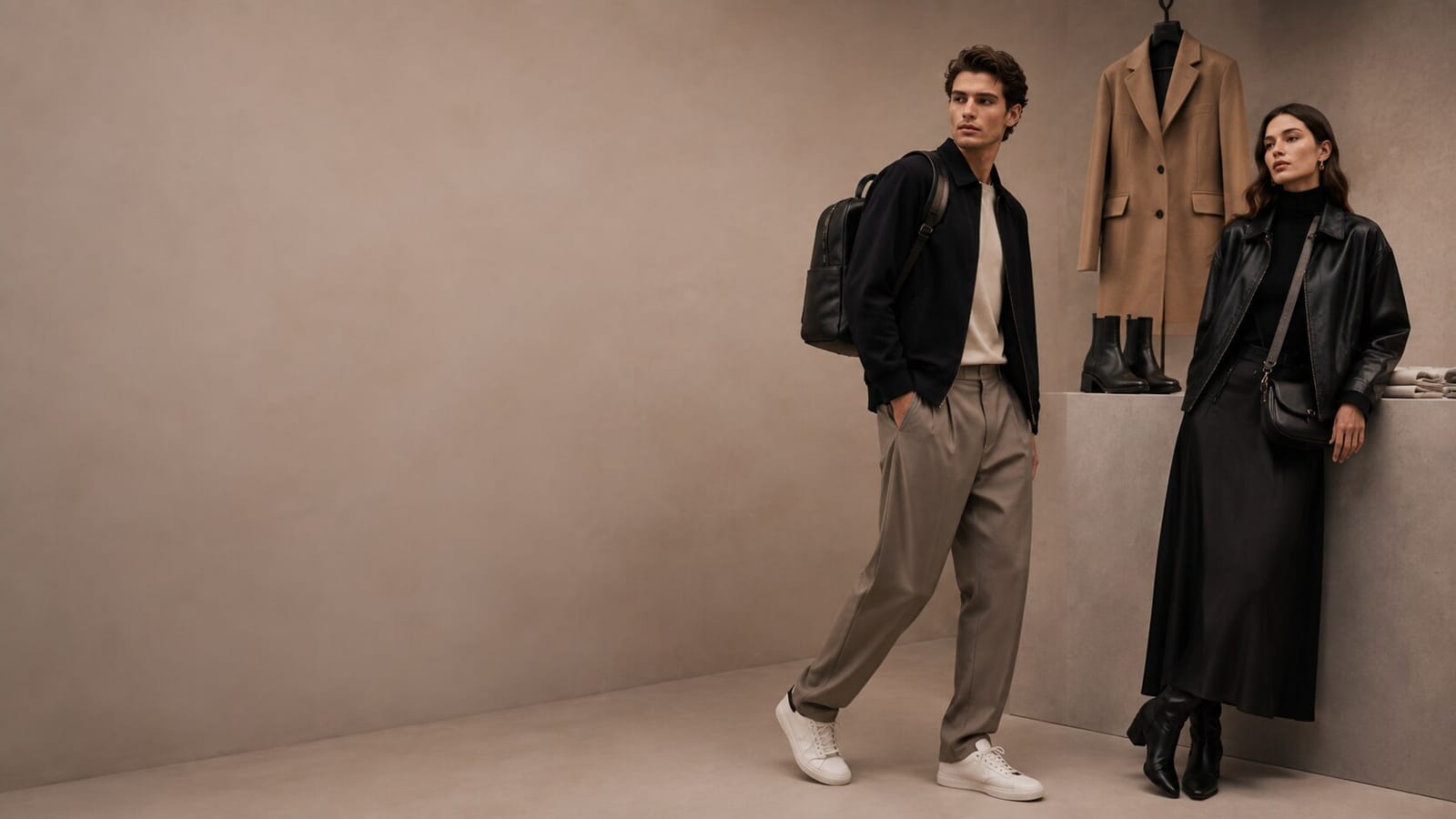 Un hombre y una mujer con looks de temporada en un showroom de moda, junto a un abrigo camel colgado y botines sobre una peana
