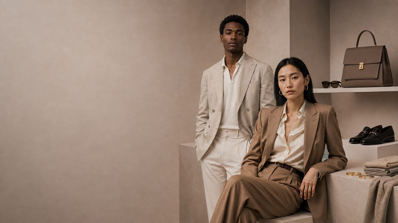 Dos modelos con trajes de tonos crema y camel en un showroom de moda, junto a bolsos y calzado de la temporada