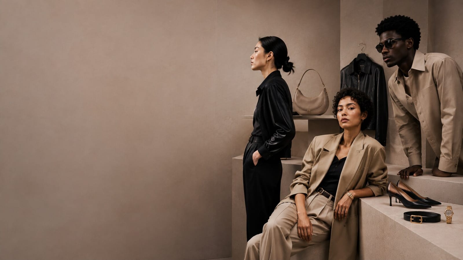 Tres personas con looks en tonos beige y negro en un showroom de moda, junto a bolsos, zapatos y una chaqueta colgada