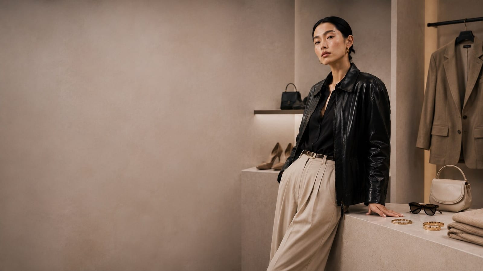 Modelo con chaqueta de cuero negra en un showroom, rodeada de calzado, bolsos y prendas dobladas de la colección